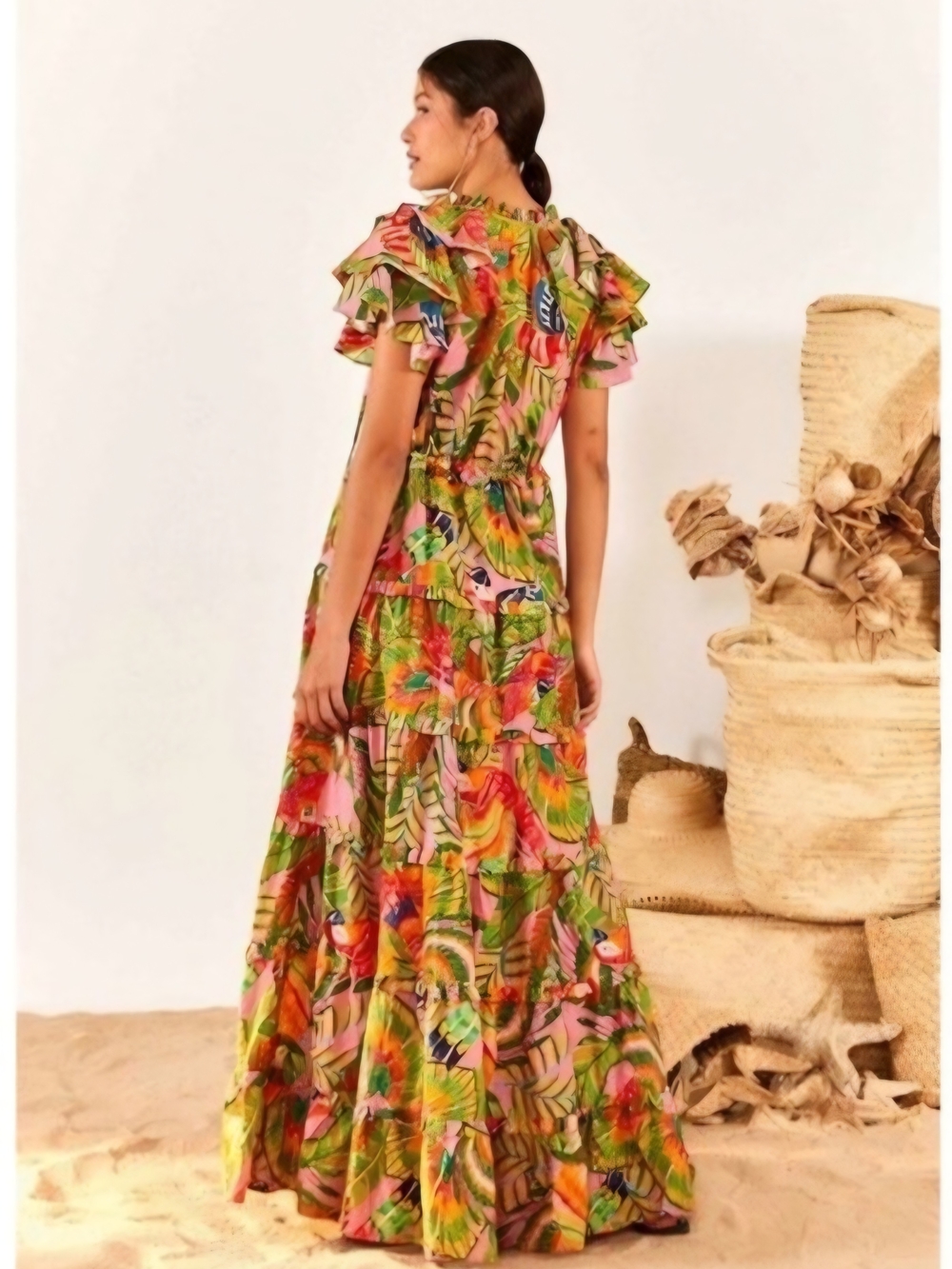 FARM Rio Tropical Bird Ruffle Tiered Maxi Dress Pink Size M - Picture 2 of 6